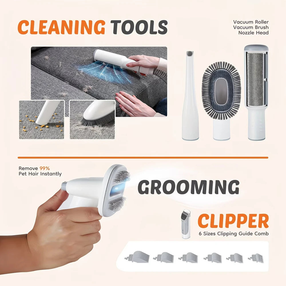 Dog/cat/pet Grooming Vacuum Cleaner, Mulifunctional Grooming Tools, 3 Suction Modes, Cordless Clipper, 5 Grooming Tools, Low-noise Pet Hair Clipper